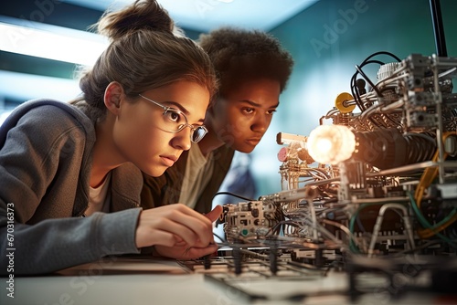 class engineering robotics science machine building students college female two girl woman education student pupil high school robotic stem technology workshop lesson learning university photo