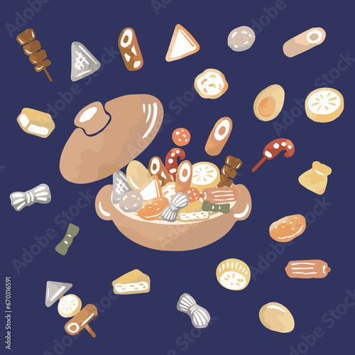 冬　おでん　鍋　煮物　水彩　手描き　アナログタッチ　イラスト素材セット