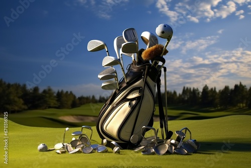 course golf beautiful clubs new set A golfing club bag sport game competition compete object colours no one nobody horizontal sports equipment