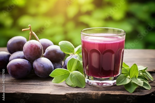 A Healthy Serving of Homemade Damson Plum Juice on a Country Style Wooden Table