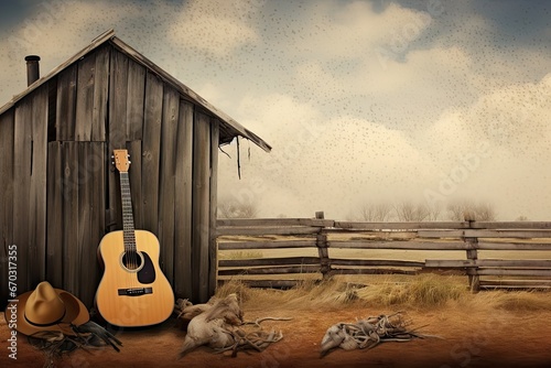 scene country guitar acoustic cowboy hat western fedora instrument wooden saloon plank fence wood music old folk barn grain burnt panel cedar ranch photo