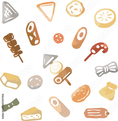 アイコン　あしらい　冬　おでん　水彩　手描き　イラスト素材セット