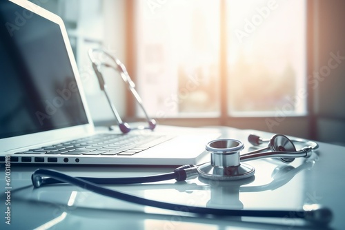 medicine doctor s writing laptop medical office focus stethoscope foreground table hostpital acoustic device auscultation listening internal sounds human body health care clinician online medicals photo