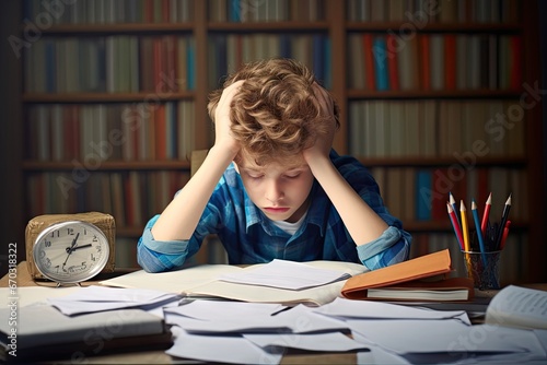 concept education fficulties Learning Help word paper holding books many table sitting boy frustrated tired Sad signs homework children expression student difficulty home school study photo
