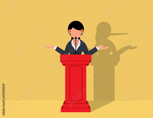 Lying female politician. Female politician on a podium giving speech with his long nose shadow