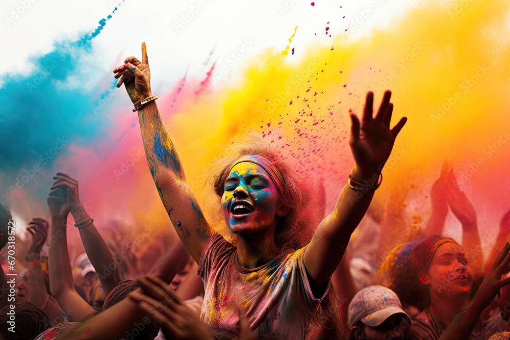 Obraz premium party holi life colorful colours festival hand celebrate music paint colourful people fun group dance smartphone multitude arm disco be glad happy boy electronic cmyk
