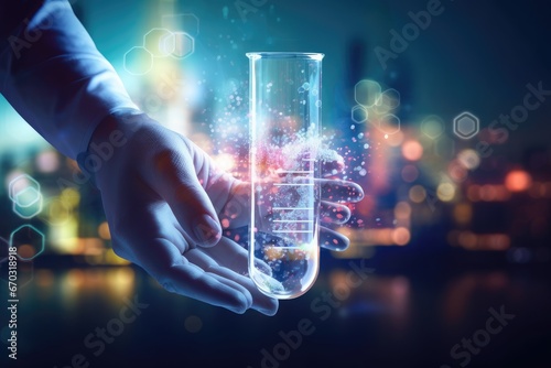 double exposure scientist hand holding laboratory test tube studying chemistry experiment reagent preparation pharmaceutical green medicals liquid dropper pharmacology pipette biotechnology drip photo