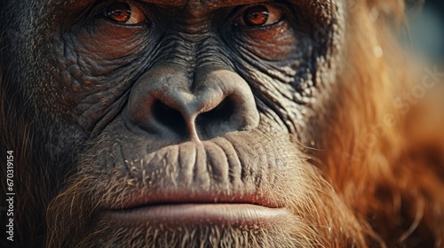 closeup of the face of a Bornean orangutan with long arms and reddish or brown hair. © Twinny B Studio