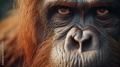 closeup of the face of a Bornean orangutan with long arms and reddish or brown hair. © Twinny B Studio