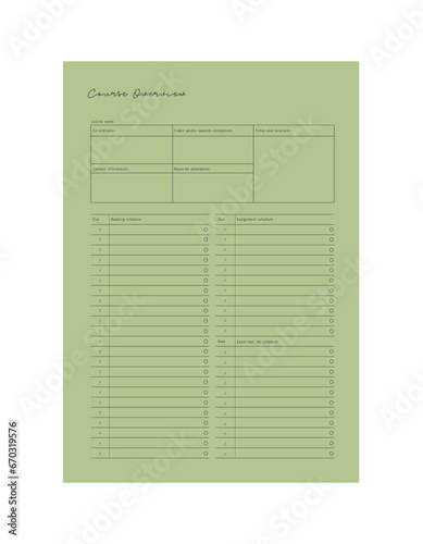 course overview planner. Minimalist planner template set. Vector illustration. 