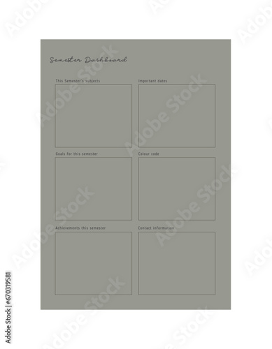 semester dashboard planner.  Minimalist planner template set. Vector illustration.	