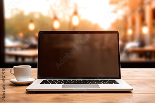 screen device background included paths clipping text your template mockup cafe coffee table wood blank laptop isolated computer desktop mock up notebook front view wallpaper inn design