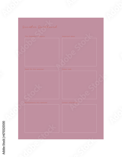 semester dashboard planner.  Minimalist planner template set. Vector illustration.	