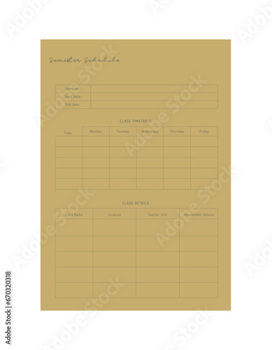 semester schedule planner. Minimalist planner template set. Vector illustration.	