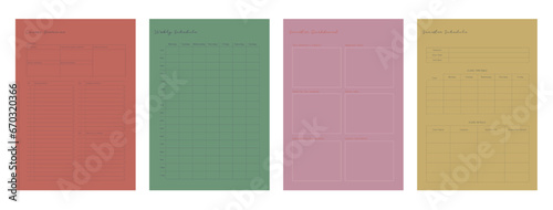 4 set of course overview, weekly schedule, semester dashboard and semester schedule planner. Minimalist planner template set. Vector illustration.	