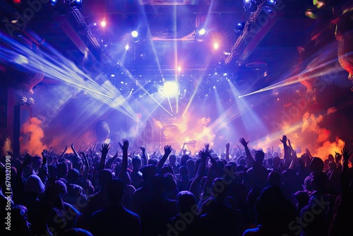 festive music crowd rave party club night dj light concert abstract disco people blue stage dance laser festival space rock nightclub star entertainment © sandra