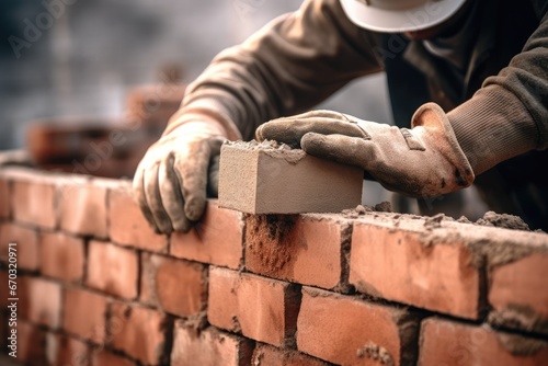 site construction bricks installing bricklayer industrial close men at work mason cement spatula layer plastering tool level material engineer technology equipment measuring reconstruction