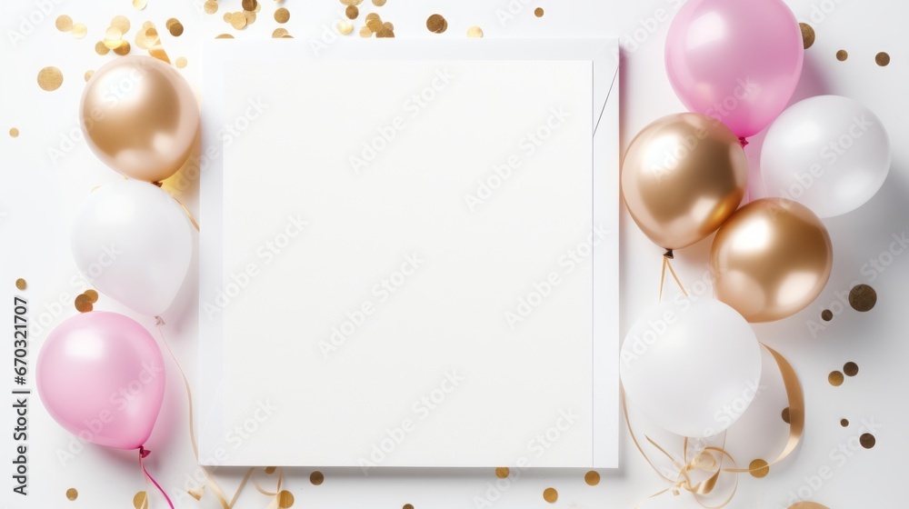 Mockup card birthday wedding background white table paper top greeting view stationery. Card blank postcard mockup birthday frame gift mock flatlay design green leaves happy desk template composition.