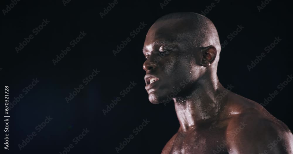 Studio, barbell or strong man training, exercise or workout for arm power, muscle or body fitness. Black background, bodybuilder or African athlete lifting weights for biceps, wellness or sports Studio, barbell or strong man training, exercise or workout for arm power, muscle or body fitness. Black background, bodybuilder or African athlete lifting weights for biceps, wellness or sports