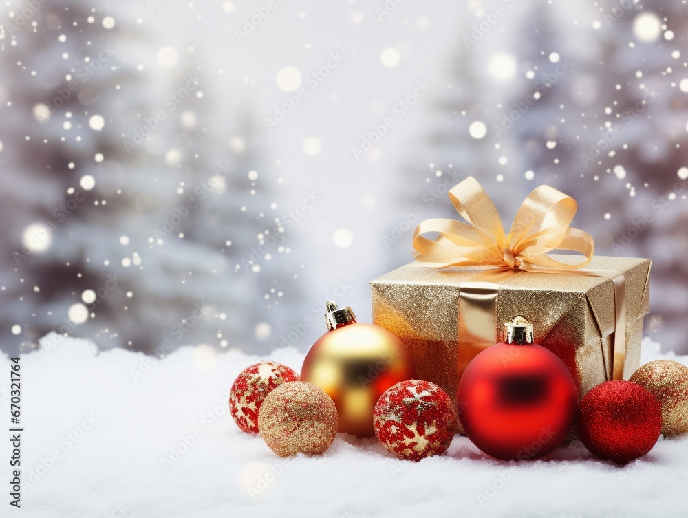 Fototapeta premium Christmas giftbox on snow background under a christmas tree