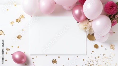 Mockup card birthday wedding background white table paper top greeting view stationery. Card blank postcard mockup birthday frame gift mock flatlay design green leaves happy desk template composition.