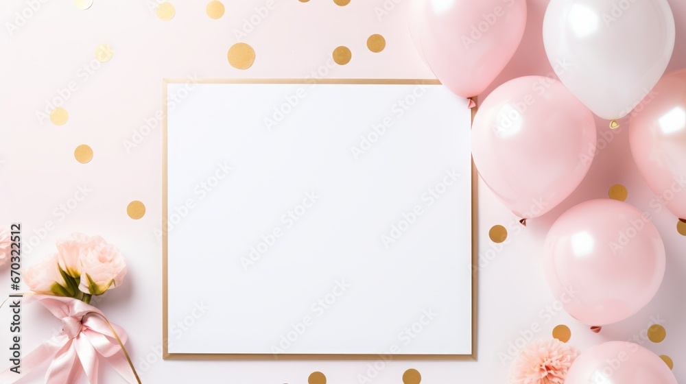 Mockup card birthday wedding background white table paper top greeting view stationery. Card blank postcard mockup birthday frame gift mock flatlay design green leaves happy desk template composition. - obrazy, fototapety, plakaty 