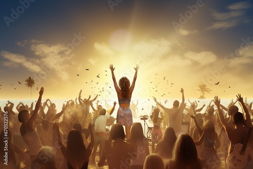 concept pursuit recreational outdoors concert music summer beach festival community dancing ecstatic festive freedom adolescence arms outstretched raised audience