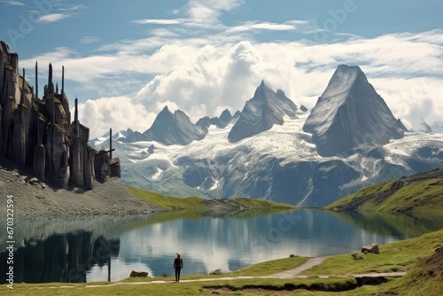 montagnes les Devant mountain alps pasture lake alt eiger jungfrau bed panorama landscape nature snow snowfield sport leisure hike hiker tour tourism peak vertex ridge swaying ski