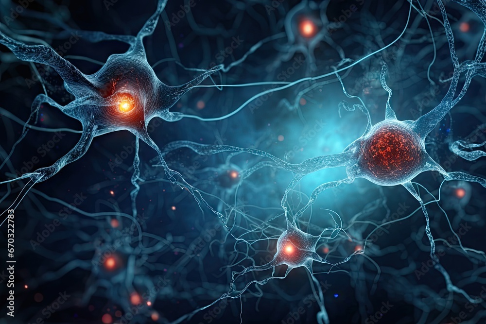 neurons cells concept nerve cell brain neurology network neural biology impulse hormone organism connecting mobile phone system thinking science energy alzheimer signal medicine glow microbiology - obrazy, fototapety, plakaty 
