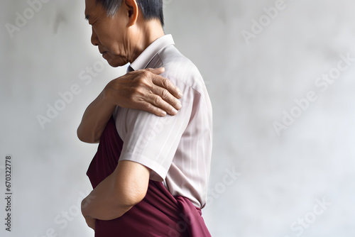 Stiffness in shoulder joint of Asian man. Frozen shoulder or arm muscle power problem.