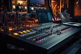 up close record sliders faders equipment professional mixer equalizer software workstation audio gital interface user showing screen laptop desk control studio music modern recording sound