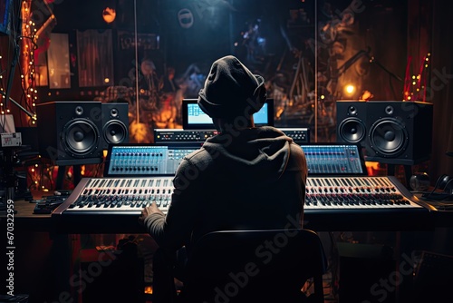view back album new song sings performer artist musician room soundproof studio record music track recording desk control uses engineer audio producer sound production computer male man photo