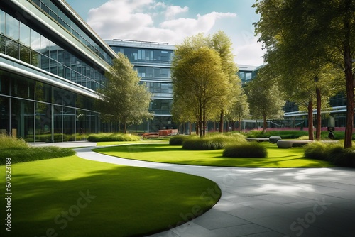 bench trees lawn green park office Modern building complex commercial exterior business architecture campus facility school industrial work workplace corporate university outside photo