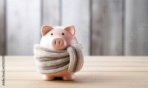 A pink piggy bank money box wrapped up warm with a scarf. Winter heating bills concept