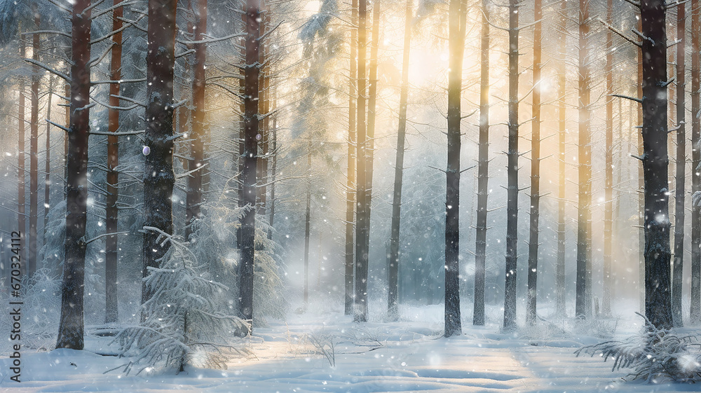 Obraz premium snowfall in the morning misty forest, landscape wildlife of winter, sun rays between the trees, seasonal calendar abstract background copy space December or January