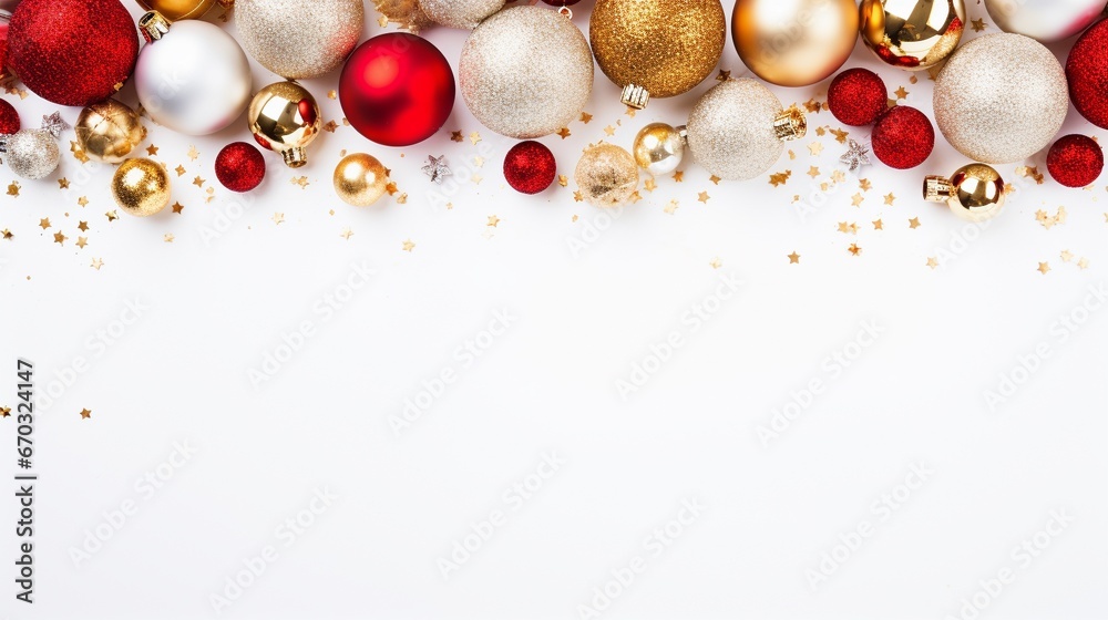 White and red and gold christmas decorations set around a bright christmas frame - obrazy, fototapety, plakaty 