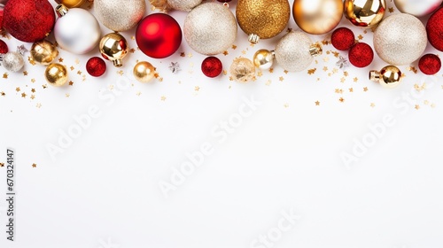 White and red and gold christmas decorations set around a bright christmas frame
