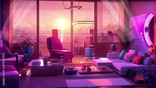 luxury living room, animated virtual backgrounds, stream overlay loop, sofa cozy interior golden hour sunset, vtuber asset twitch zoom OBS screen, anime chill atmospheric, Looping Video Animated.