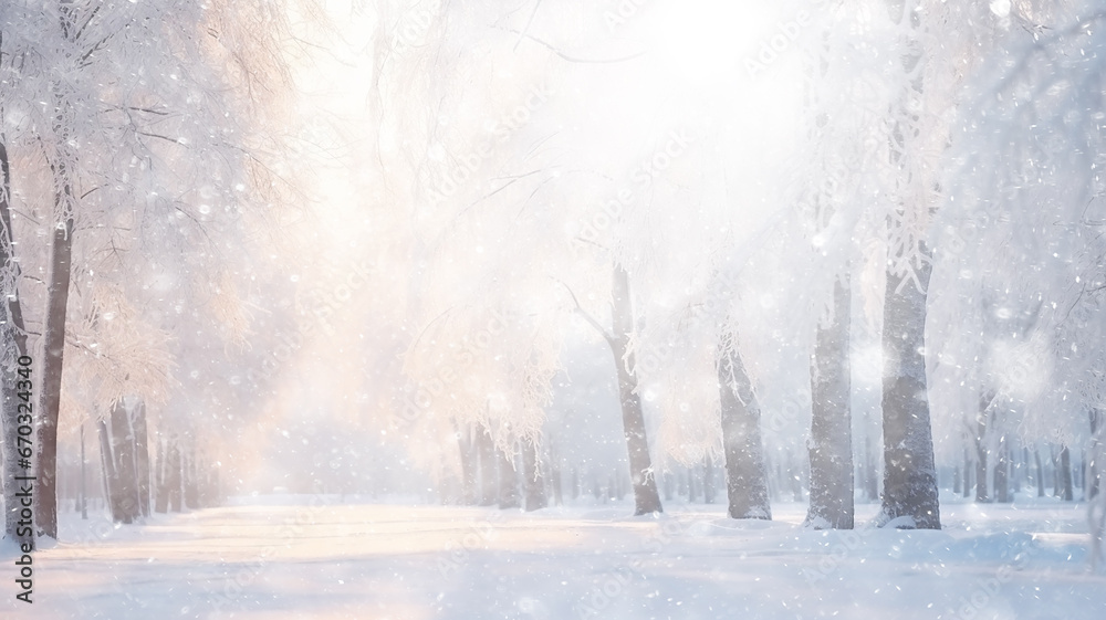 winter alley of trees, snowfall in the morning misty park, winter landscape, seasonal abstract blurred background copy space winter alley of trees, snowfall in the morning misty park, winter landscape, seasonal abstract blurred background copy space