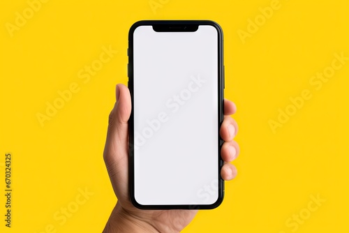 background colour yellow design less frame modern screen blank smartphone black holding hand phone technology mobile hold isolated contraption device display digital white smart