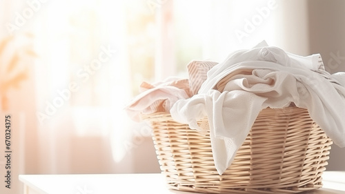 a basket with clean linen in an atmosphere of home comfort with natural soft lighting