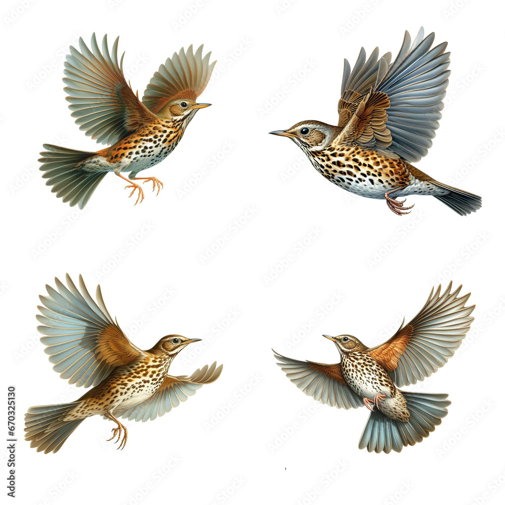 A set of Wood Thrushes flying on a transparent background A set of Wood Thrushes flying on a transparent background