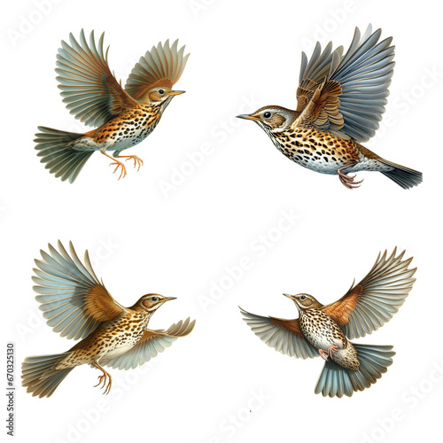 A set of male and female Wood Thrushes flying on a transparent background