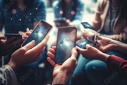 cellphone online millenials concept technology smartphone network media social content sharing hands people close phone smart mobile using fun addicted having group friends   phone © sandra