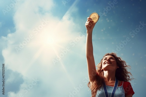 concept victory award sky medal gold holding raised hand woman photo inspirational ceremony achievement challenge business dramatic prize determination success arm symbol succeed inspiring champion photo