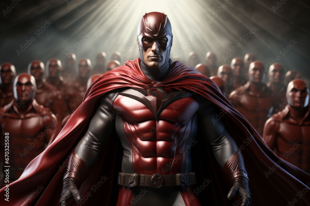 Heroic man superhero guiding a group of people to safety during a crisis, demonstrating leadership and courage, Generative AI Heroic man superhero guiding a group of people to safety during a crisis, demonstrating leadership and courage, Generative AI