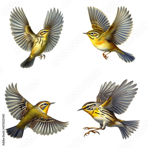 A set of male and female Worm-eating Warblers flying on a transparent background © DLW Designs