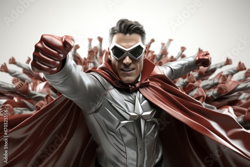 Charismatic man superhero inspiring and motivating others with his leadership, with a dynamic and energetic pose, Generative AI