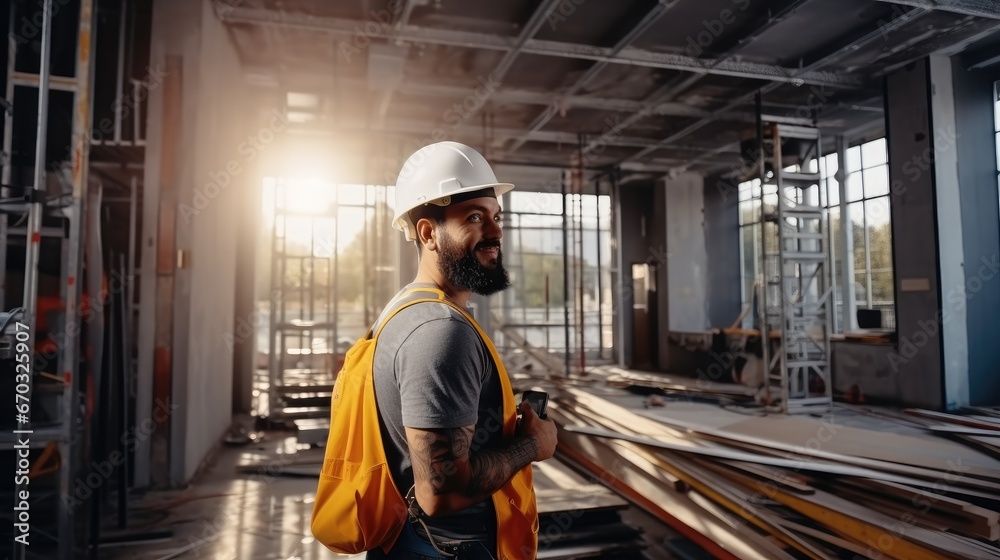 Construction worker is checking on works in an unfinished building.