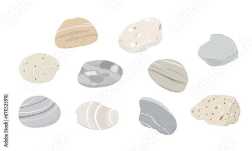 Set of pebbles and natural stones. Hand drawn illustration vector. Isolated on white background.